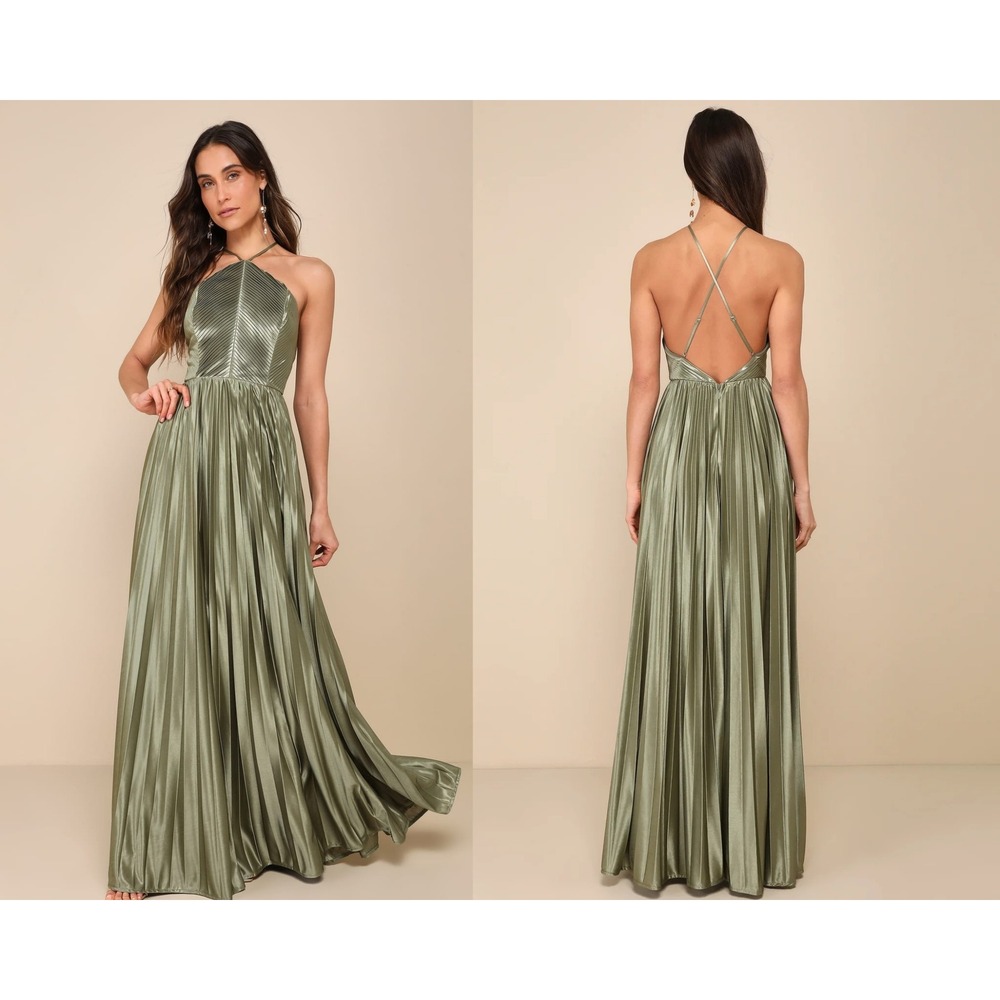 Lulus Elaborate Charm Olive Green Satin Pleated Backless Maxi Dress Size Small